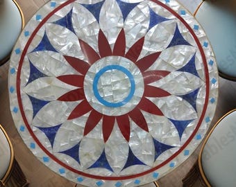 Handgefertigte Marmor Inlay Tischplatte | Pietra Dura Edelstein-Mosaik