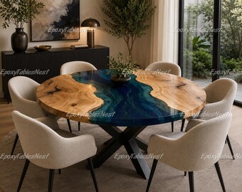 Ocean Blue Epoxy River Table Top | Round Olive Wood Dining Table | Handmade Resin River | Custom Wood Tabletop Ocean Blue Resin River Table