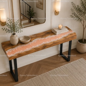 Handmade Peach Epoxy River Console Table Top, Live Edge Wood Resin Sofa Table