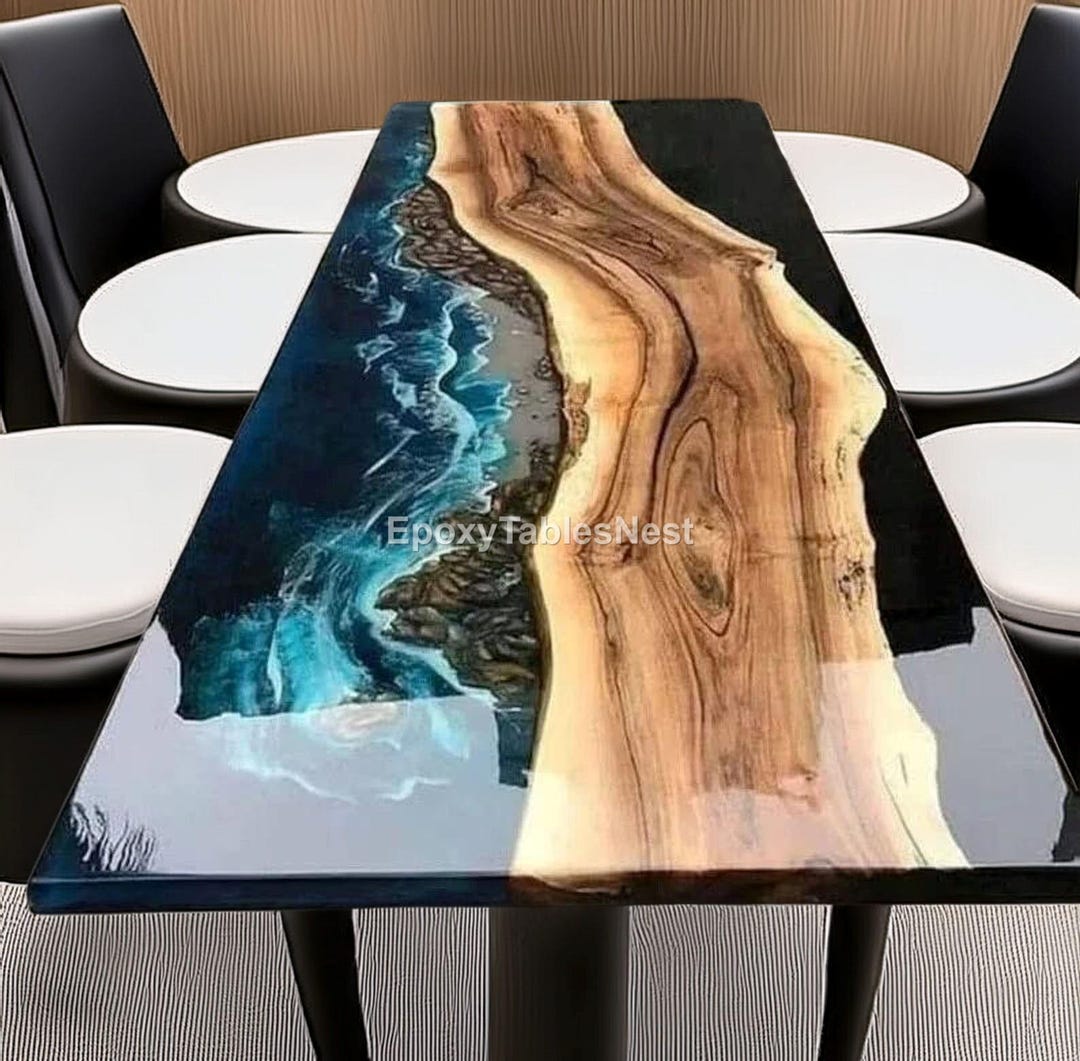 Handcrafted Live Edge Wood Dining Table – Turquoise Ocean Resin Waves ...