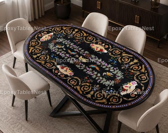 Luxury Oval Marble Inlay Dining Table Top – Handmade Black Pietra Dura Table for Elegant Dining Rooms Black Marble Pietra Dura Dining Table