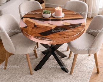 Round Pink Epoxy River Dining Table Top | Live Edge Wood & Resin Tabletop | Handmade Round Dining Table | Custom Luxury Furniture table top