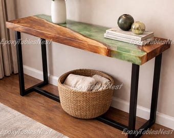 Emerald Green Epoxy River Table Top | Live Edge Walnut Console Tabletop | Custom Wood Table Walnut Live Edge Epoxy River Console Table Top |