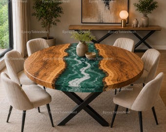 Emerald Green Epoxy River Table – Handmade Olive Wood Round Dining Table Top Olive Wood Epoxy Dining Table Top –Emerald Resin River Tabletop