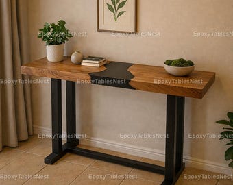 Live Edge Walnut & Black Epoxy Console Table Top – Modern River Entryway Table – Handmade Wood Slab – Black Epoxy Live Edge Entryway Table –