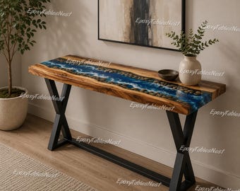 Mesa consola de resina epoxi Ocean River / Mesa de entrada de madera con borde natural / Muebles costeros hechos a mano