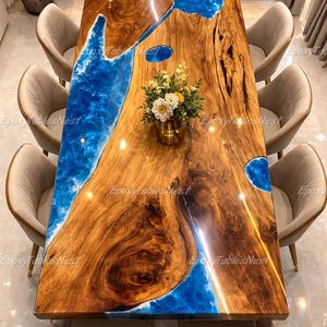 Live Edge Wood Epoxy Dining Table Top, Ocean Wave Resin River Furniture