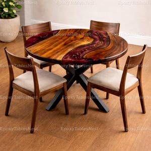 Round Epoxy River Dining Table top – Red Resin Wood Table top – Handmade Modern Dining Furniture tabletop Red Epoxy Round Dining Table – top