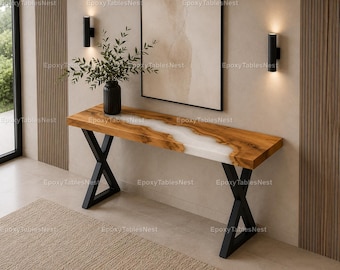 Live Edge Olive Wood Epoxy River Console Table | White Resin, Black X Legs