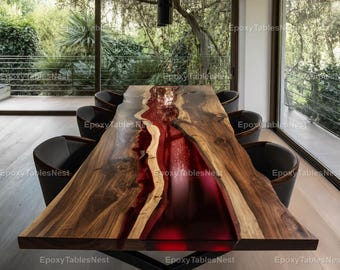 Live Edge Walnut & Red Epoxy River Table Top – Handmade Modern Dining Table Slab – Custom Resin Furniture Red Epoxy River Walnut Dining top–
