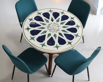 Runde Tischplatte aus weißem Marmor • Lapis Lazuli & Malachit Pietra Dura Design • Handgefertigter Agra-Marmortisch • Edelstein-Mosaik-Möbel