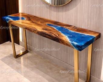 Ocean Wave Epoxy River Console Table Top, Live Edge Wood Resin Console Top, Table Top, Blue Resin Furniture Blue Ocean Epoxy Console Table ,