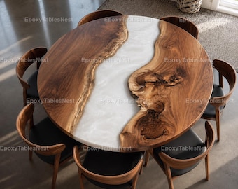 Handmade White Epoxy River Round Dining Table Top, Live Edge Walnut Wood Resin Table, Luxury Dining Furniture Round White Epoxy River Table,