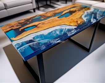 Mesa de centro de resina epoxi con diseño de río, mesa de centro de madera con borde natural, mesa de centro rústica, mesa de centro de resina con diseño de olas oceánicas personalizadas, decoración del hogar hecha a mano.