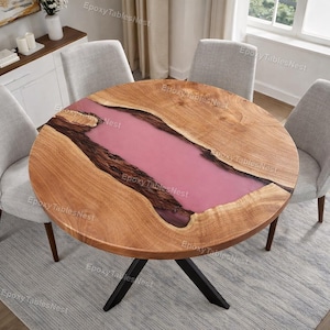 Round Pink Epoxy Resin Coffee Table, Live Edge Acacia Wood River Table, Modern Dining Table, Handmade Industrial Furniture Dining Table top