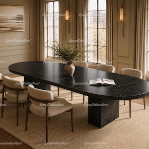 Black Spider Marble Oval Dining Table, Luxury Black Stone Dining Table, Modern Pedestal Marble Table, Nero Marquina Dining Room Furniture