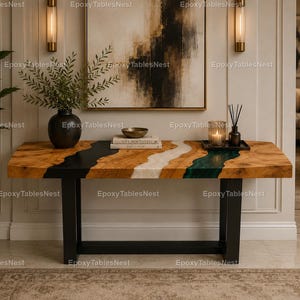 Black White Green Epoxy River Console Table Top, Live Edge Walnut Wood Tabletop, Luxury Resin Entryway Furniture, Handmade Modern Decor top