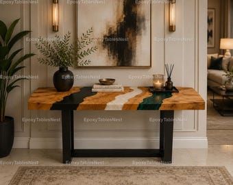 Black White Green Epoxy River Console Table Top, Live Edge Walnut Wood Tabletop, Luxury Resin Entryway Furniture, Handmade Modern Decor top