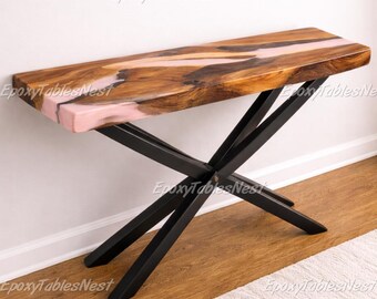 Luxury Pink Epoxy River Console Table | Handmade Live Edge Walnut Sofa Table | Modern Resin Table Top | Contemporary Hallway Furniture