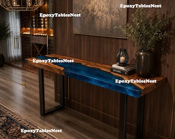 Handmade Live Edge Olive Wood Blue Epoxy River Console Table Top