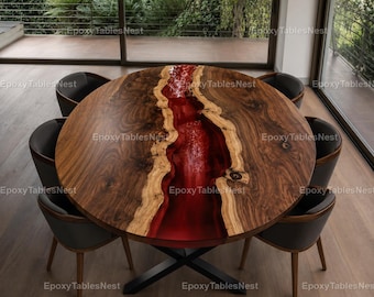 Round Red Epoxy River Dining Table Top – Live Edge Walnut Wood Table – Handmade Luxury Resin Furniture Luxury Red Epoxy River Table Top –