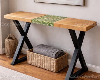 Green Resin River Console Table | Handmade Wood Epoxy Entryway Hallway Furniture