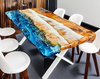 Mesa de comedor de resina epoxi con diseño de olas oceánicas, mesa de madera con borde natural con temática playera, mesa de río personalizada, mesa de comedor moderna con diseño de olas oceánicas, muebles para el hogar.