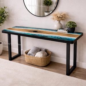 Blue Epoxy Resin River Console Table, Live Edge Wood Entryway Table, Ocean Wave Resin Table, Modern Coastal Furniture Resin Console Tabletop