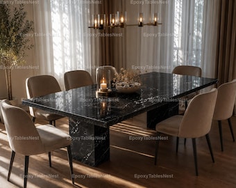 Mesa de comedor rectangular de mármol Black Spider – Piedra con base de pedestal escultural