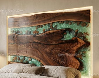 Live Edge Epoxy River Headboard | Glowing Green Hardwood Bedboard, Organic Modern Decor
