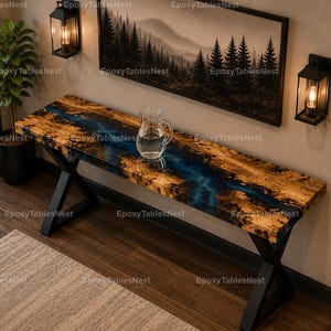 Handmade Blue Epoxy River Console Table Top, Live Edge Wood Resin Sofa Table, Modern Furniture Luxury Ocean Blue Epoxy Console Table Top,
