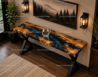 Handmade Blue Epoxy River Console Table Top, Live Edge Wood Resin Sofa Table, Modern Furniture Luxury Ocean Blue Epoxy Console Table Top,