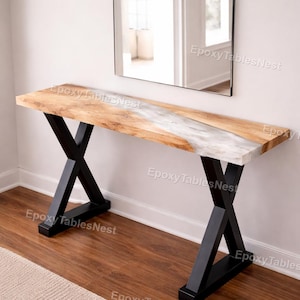 Mesa de río de arce veteado hecha a mano con resina epoxi blanca, consola de entrada de lujo, tablero de mesa de sofá de losa con borde natural, tablero de mesa de muebles de madera personalizados