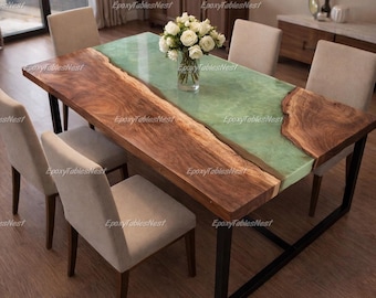 Green Epoxy River Dining Table Top | Live Edge Walnut Wood Table | Handmade Resin Dining Table | Custom Luxury Furniture Emerald Green River
