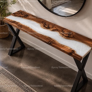 Handmade Olive Wood Console Table, White Pearl Epoxy River Table, Modern Entryway & Hallway Furniture Luxury Olive Wood Epoxy Console Table,