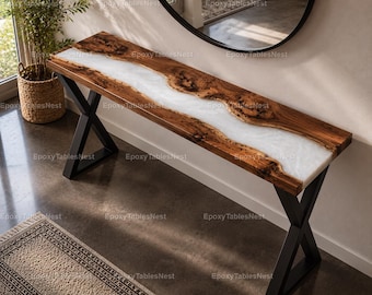 Handmade Olive Wood Console Table, White Pearl Epoxy River Table, Modern Entryway & Hallway Furniture Luxury Olive Wood Epoxy Console Table,