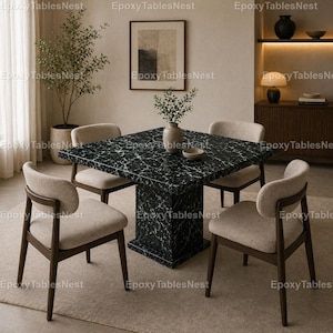 Green Spider Marble Dining Table – Square Luxury Stone Table with Pedestal Base, Modern Statement Furniture Square Green Spider Marble Table