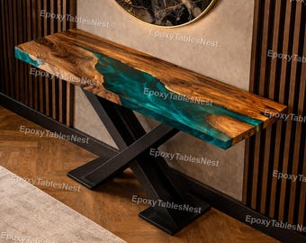 Live Edge Walnut Console Table with Turquoise Epoxy River – Modern Entryway Table – Handcrafted Slab Furniture – Luxury Hallway Decor table