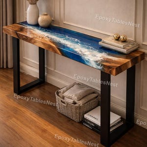 Ocean Resin Console Table, Blue Epoxy Wave Table, Live Edge Wood River Table, Coastal Entryway Table, Handmade Sofa Table Top Console Table,