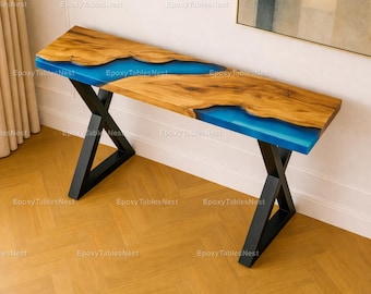 Konsolentisch aus Olivenholz Epoxy River - Möbel aus blauem Kunstharz