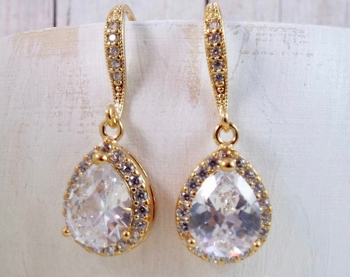 Yellow Gold Crystal Glass Drop Earrings - Bridal Jewelry