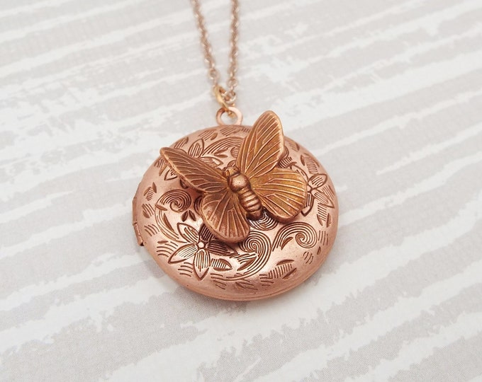 Rose Gold Butterfly Flower Locket Pendant Dangle Earring Set - Keepsake Jewelry Pink Blush Gift for Mom Girlfriend Daughter Wife