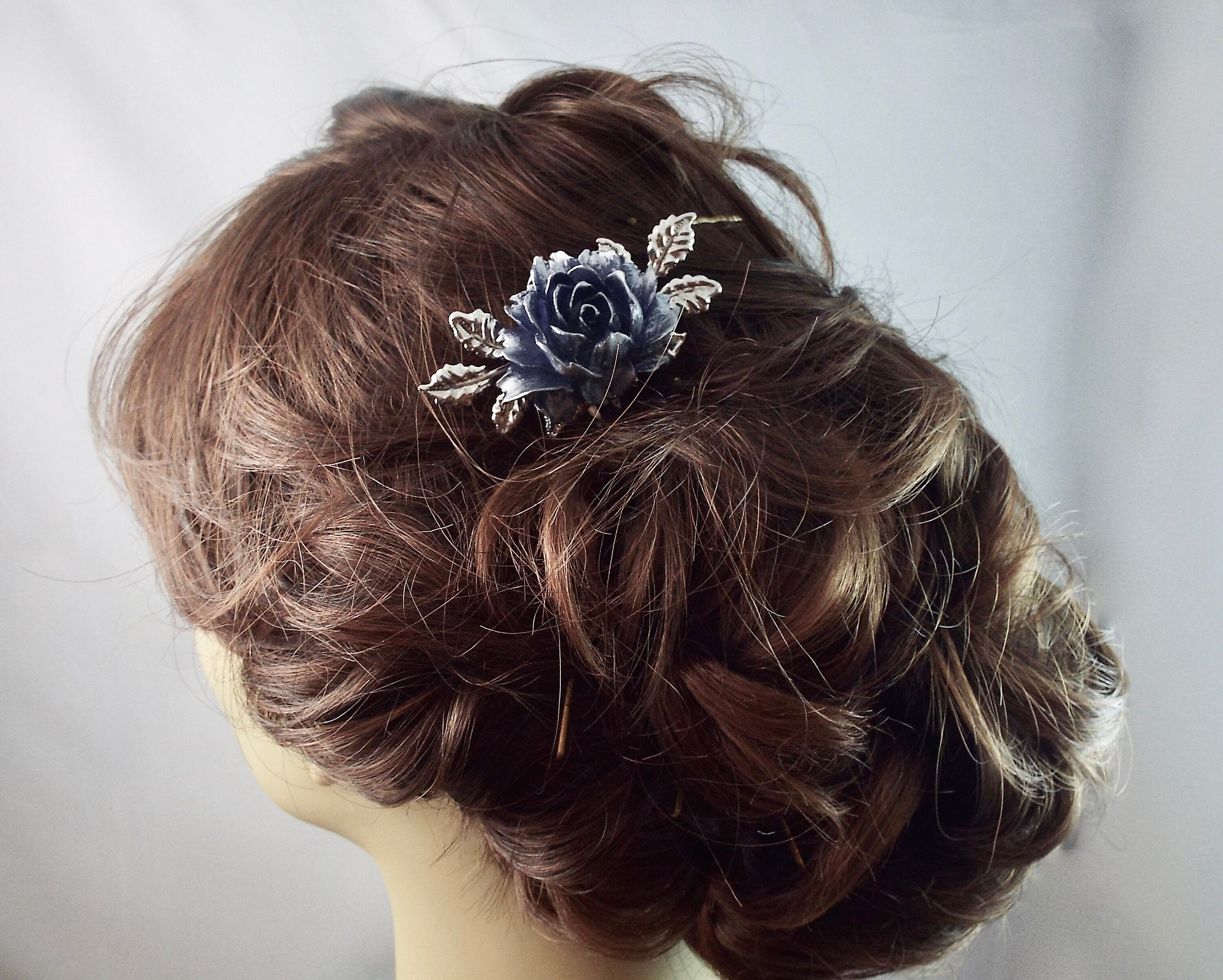 Silver Tipped Navy Blue Peony Rose Simple Floral Bridal Hair Comb