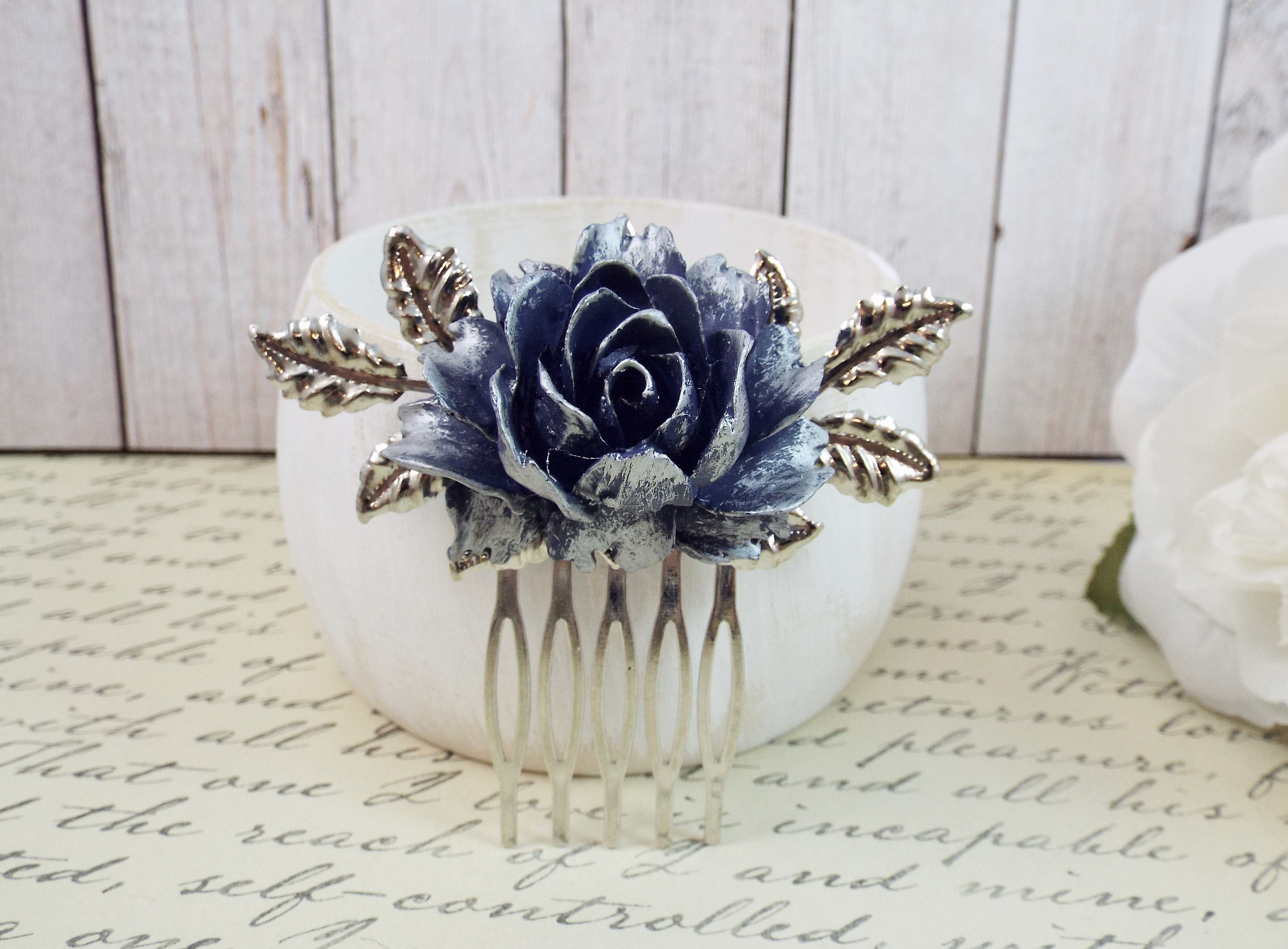 Silver Tipped Navy Blue Peony Rose Simple Floral Bridal Hair Comb