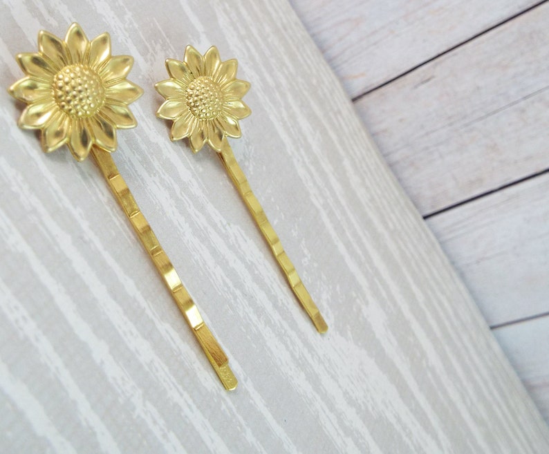 Gifts for Bridesmaids Daughter Wife Girlfriend Woodland Wedding Raw Brass Sun Flower Sunflower Brass Gold Hair Bobby Pin Set