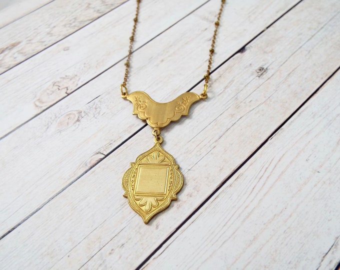 Gold Raw Brass Shield Y Necklace - Art Deco Jewelry