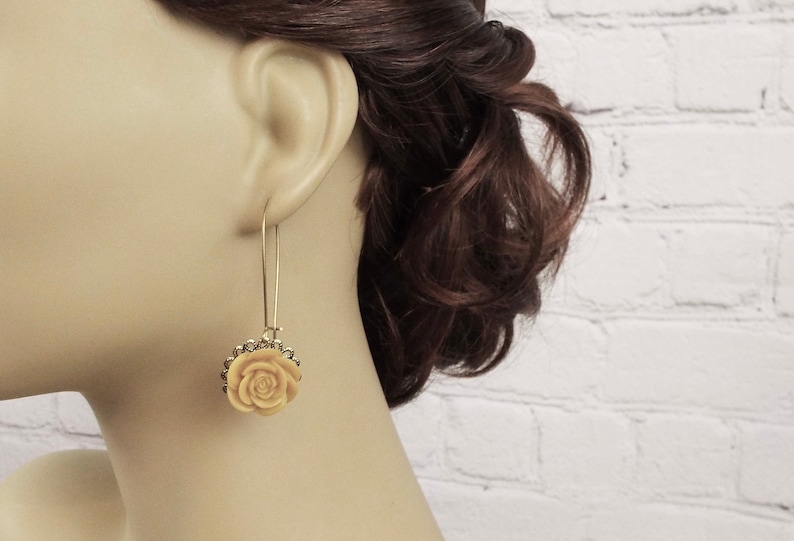 Mustard Rose Flower Long Gold Earrings Autumn Fall Trend Jewelry Victorian Filigree Gift for Mom Daughter Girlfriend Sister Bridesmaids