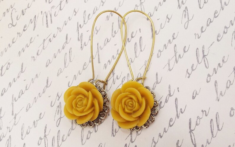Mustard Rose Flower Long Gold Earrings Autumn Fall Trend Jewelry Victorian Filigree Gift for Mom Daughter Girlfriend Sister Bridesmaids