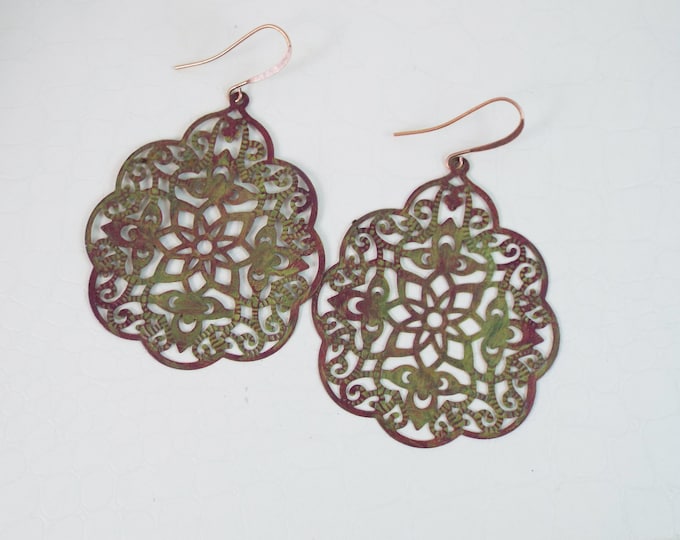 Large Bohemian Olive Green Mauve Filigree Statement Earrings - Moroccan - Boho Jewelry
