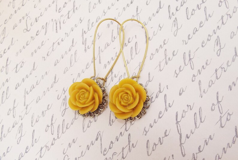Mustard Rose Flower Long Gold Earrings Autumn Fall Trend Jewelry Victorian Filigree Gift for Mom Daughter Girlfriend Sister Bridesmaids
